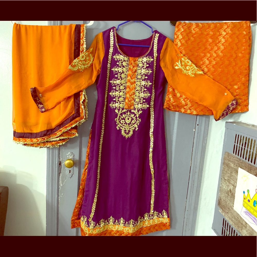Plum and orange 3 piece Gota suit